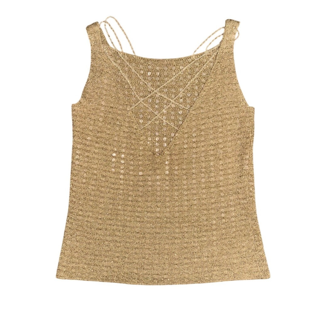 Vtg Gold Metallic Sequin Knit Tank Top Strappy Back Festival Boho Shimmer M